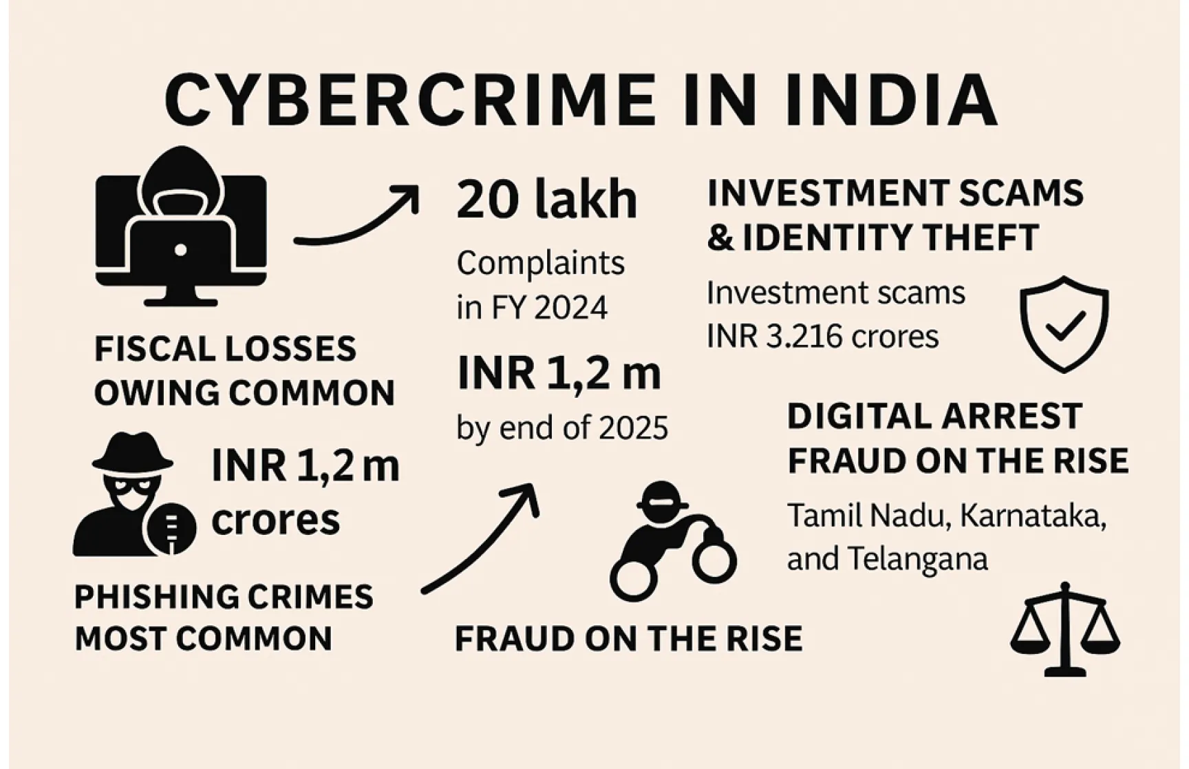 Illustration of cybercrime threats in India with hackers and digital fraud icons