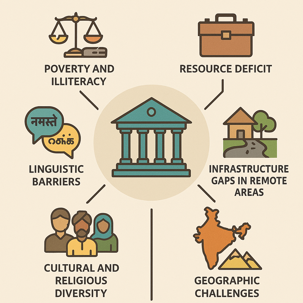 Illustration depicting challenges in access to justice in India such as poverty and language barriers